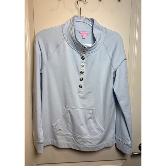 Lilly Pulitzer Light Blue Palm Tree Button Mock Neck Pullover Sweatshirt – Size - Picture 1 of 8